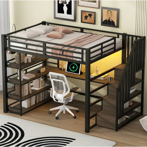 Letto a soppalco in metallo nero 140x200 cm con scrivania, scale contenitore e LED