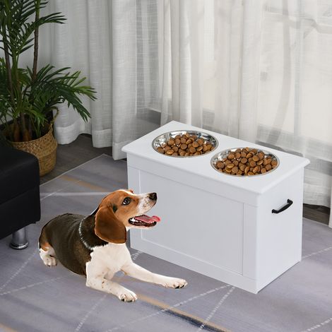 Ciotole surélevée pour grands chiens, support en MDF avec 2 bols en acier inoxydable, 60x30x41 cm, blanc (1/5)