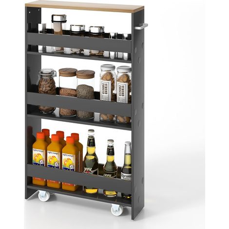 COSTWAY 4 Ebenen Nischenregal auf Rollen, Küchenwagen schmal, Badregal mit seitlichem Griff, aus Holz, 48 x 13 x 81 cm (Grau + Natur) (1/5)