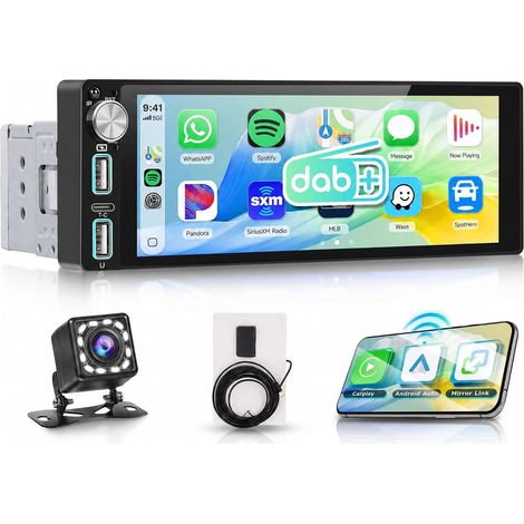 Dab+/Dab Autoradio 1 Din avec sans Fil Carplay Android Auto Bluetooth 5.2 FM/AM, 6.86 Pouces Écran Tactile Radio Mirror Link Dab Adaptateur/EQ/USB/Type C Commande au Volant Caméra de Recul (1/5)