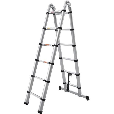 Échelle 11 marches anti-dérapantes, 3,8m télescopique 2 sections 1,9m, en A, aluminium, charge 150kg