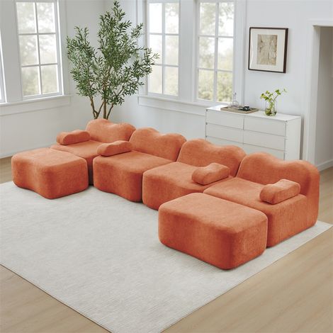 Canapé Modulaire en U 4 Places avec 2 Ottomans - 384x167x70cm - Mousse 32D Haute Densité et Design Ondulé en Velours - Orange (1/5)