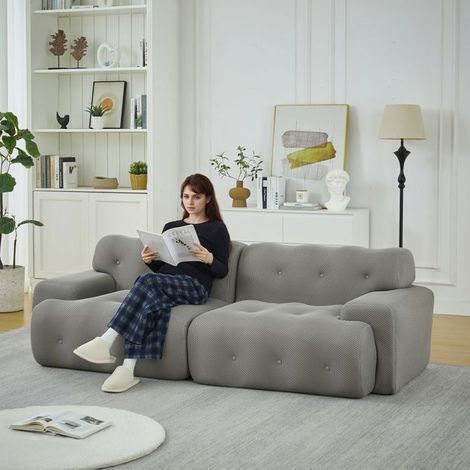 Canapé Droit 224x104x66cm Tissu Gris Respirant - Canapé 2 Places - Design Ergonomique, Base Antidérapante, Sans Montage (1/5)