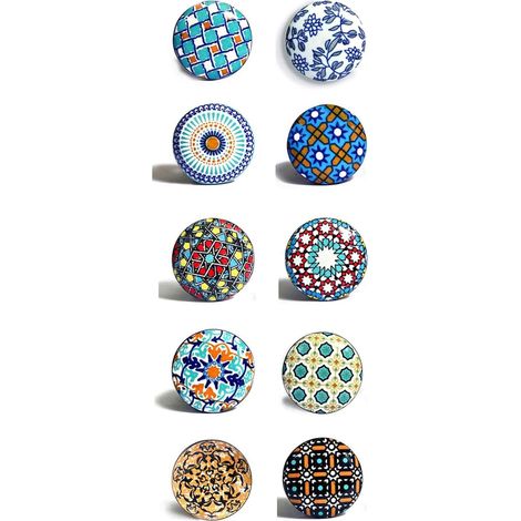 Jeu de 10 poignées de céramique de couleurs et de formes différentes peint à la main. Tireurs à la main pour armoires, tiroirs et confortables. Poignées de céramique classiques de 40 mm de diamètre (1/5)