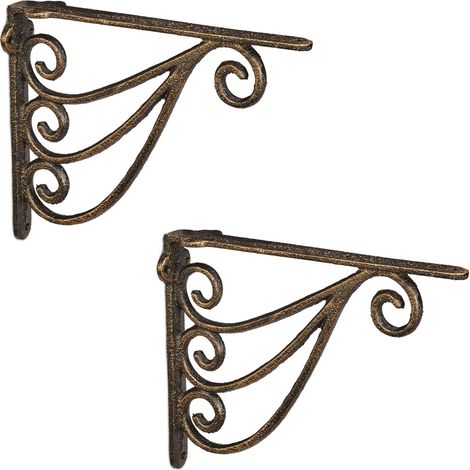 Relaxdays Set da 2 Staffe per Mensole, 23,5x4x18 cm, Supporti Design Antico, Reggimensola Angolari per Scaffali, Bronzo (1/5)