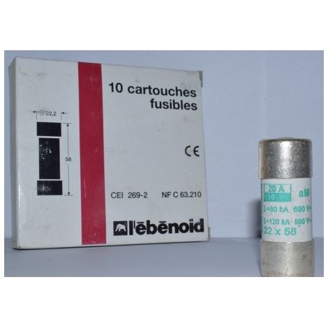 Fusible 20A cartouche 22X58mm aM usage industriel (boite de 10) HPC 80kA 660V avec percuteur EBENOID 060520 (1/2)