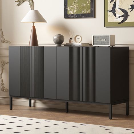 Buffet 145 cm, rettangolare, con 4 porte di stoccaggio, linee pulite, ripiani regolabili, mobili da soggiorno in legno - Nero