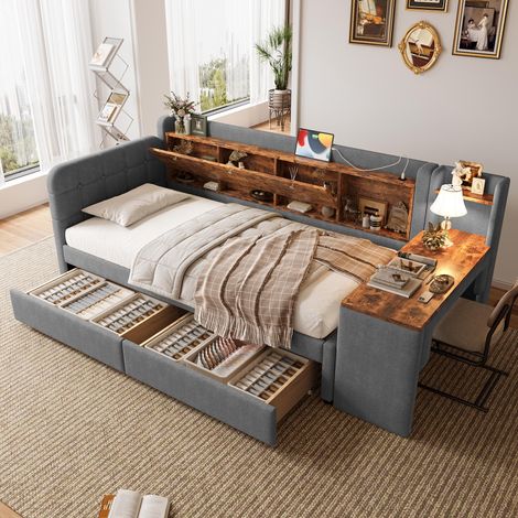 Lit de jour 90x200cm, canapé-lit avec 2 tiroirs, bureau, ports USB et Type C, compartiment de rangement à couvercle rabattable, sommier à lattes (matelas non inclus), lin gris, garantie 2 ans (1/5)