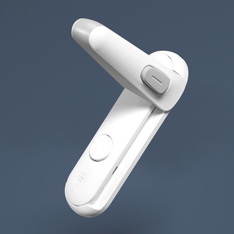 Child safety door lock (white), baby door handle safety lock, adhesive-backed, easy to install, no tools or drilling required.