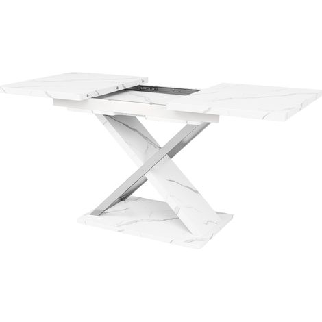 Tavolo da pranzo allungabile 118-157 x 75 cm in MDF bianco effetto marmo con gambe incrociate (1/5)