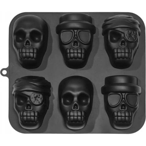 Moule en silicone pour gâteau en forme de crâne d'Halloween, moule en silicone 3D à 6 cavités en forme de crâne de pirate (1/5)