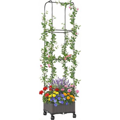 Jardinière surélevée avec treillis - Jardinière mobile avec rouleau - Trou de drainage - En plastique - Pour plantes grimpantes - 40 x 40 x 185 cm (1/5)