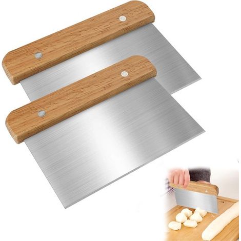Racloir à pâte - Lot de 2 - 15 cm - Racloir à pâte en acier inoxydable - Manche en bois - Coupe-pâte - Coupe-légumes - Couteau à pizza - Pour tartes et gâteaux - Acier inoxydable (1/5)