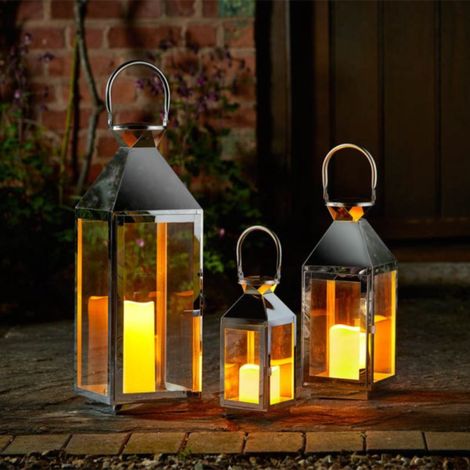 Set of 3 Large Indoor Outdoor Stockholm Stainless Steel Lantern Trio (1/5)