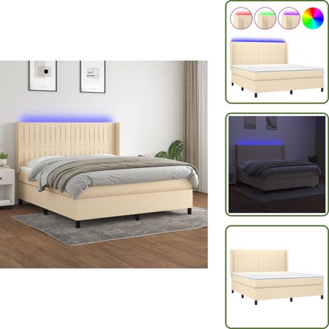 The Living Store Sommier à lattes de lit matelas et LED Crème 180x200 cm Tissu - Sommier Tapissier - Lit Plateforme - Lit Avec Rangement - Tête De Lit Ajustable - Éclairage Led (1/5)