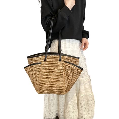 Borsa tote in paglia intrecciata naturale con manici - Kaki