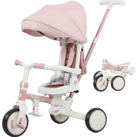 Tricycle 5 en 1 avec poussoir et couverture amovible rose, 96,5x49x101 cm