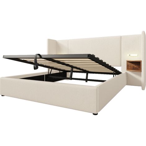 Letto matrimoniale 160x200 con contenitore, comodino, lampada e ricarica USB-C, beige (1/5)