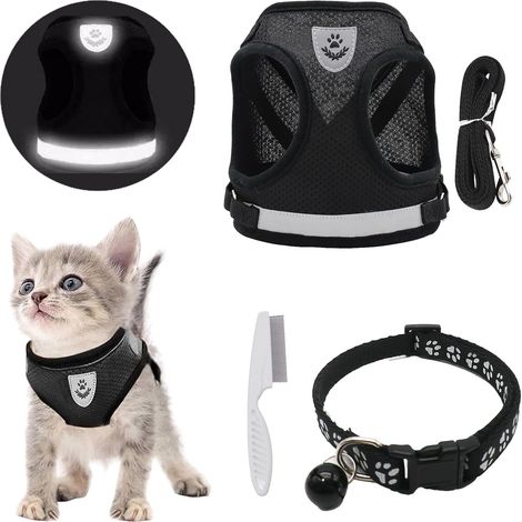 Harnais Chat Anti évasion Ensemble, Harnais Chaton Réfléchissant avec Laisse, Réglable Harnais pour Chat et Laisses et Collier Ensemble pour Chaton, Chiens, Chihuahua (Noir, S) (1/5)