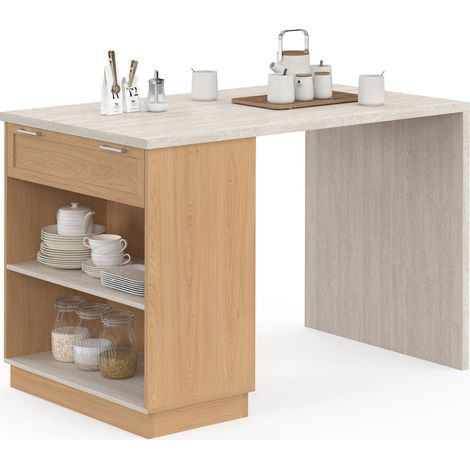 Idmarket – Ilot central mange-debout 4 personnes – Table haute 130 cm x 80 cm – Structure en panneaux de particules – Plateau effet travertin