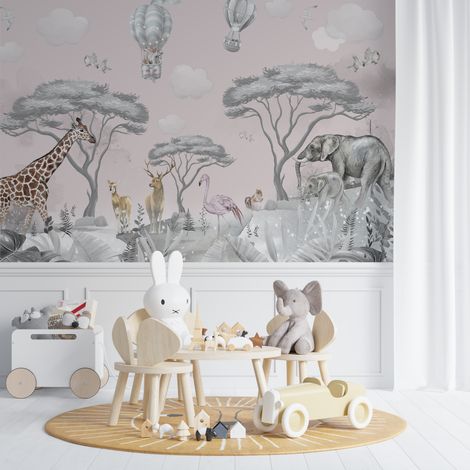 Papier peint enfant safari pastel et montgolfieres 1 - 500 x 270 cm (1/2)