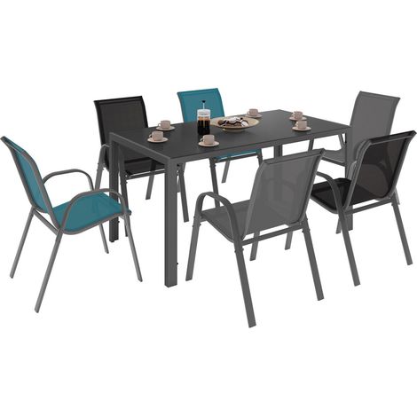 Idmarket – Ensemble table et 6 chaises de jardin empilables – Structure en acier gris – Plateau en verre trempé – Dimensions table 150x80cm