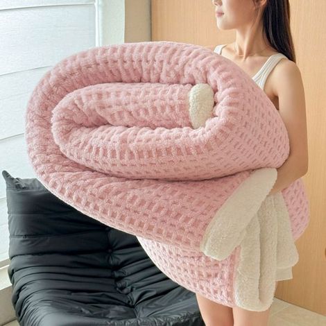 Couverture Double Face , 150200cm Motif Nid d’Abeille, Tissu Taffetas et Doublure Sherpa, Épaisse et Chaude pour Lit-rose (1/5)