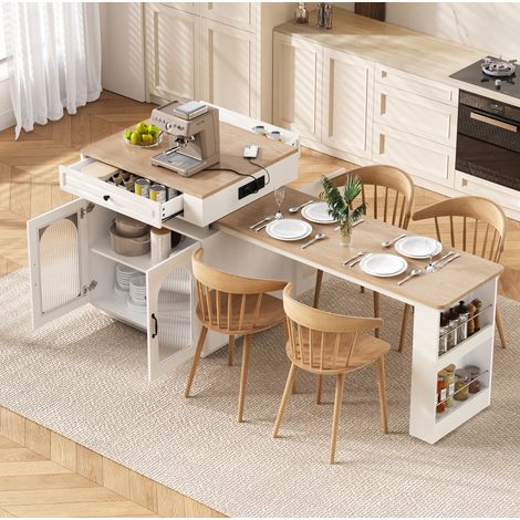 Table extensible de cuisine avec LED, prises USB/Type-C, blanche DESVIAE (1/5)