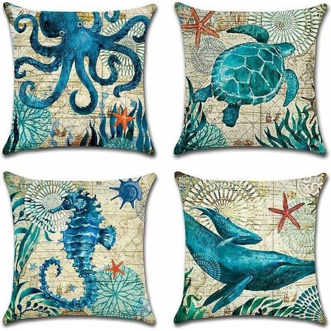 Outdoor-Kissenbezüge, 4er-Set, wasserdicht, blaues Meeresleben-Muster, Sofa-Überwurf-Kissenbezug für Terrasse, Garten, Wohnzimmer, Schlafzimmer, Dekoration, 45 x 45 cm