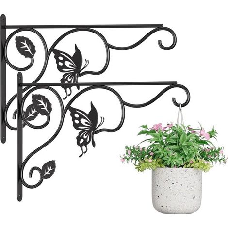 Juego de 2 ganchos metálicos resistentes de 30 cm para plantas, soportes de pared para interiores y exteriores para comederos de pájaros y faroles, color negro. (1/2)
