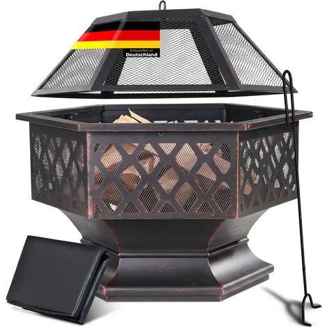 Gardebruk Fire Pit Steel Spark Protection Rustic Look Fire Bowl Fire Pit Outdoor Patio Garden w/ Protection Grill, Poker, Cover - 62.5 x 60.5 x 70cm