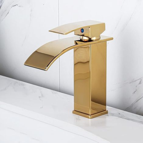 Waterfall style basin tap, stainless steel bathroom tap, classic gold color, elegant design. (1/5)
