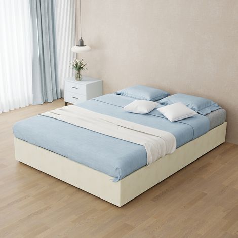 Cadre de lit contemporain 140x200 beige, velours néerlandais, sommier relevable à vérins pneumatiques, style minimaliste, sans tête ni matelas. (1/4)