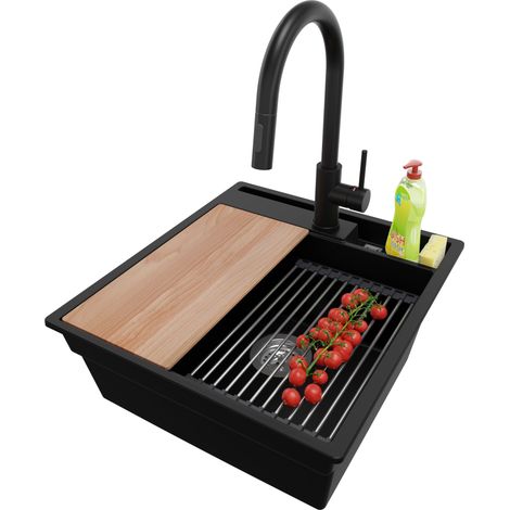 PRIMAGRAN Evier Cuisine en Granit 48x53cm, Lavabo 1 bac + Robinet 40x20cm + Kit de Vidage + Accessoires, Évier à Encastrer au meuble 50cm - Oslo Pocket, Noir (1/5)