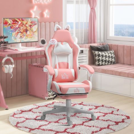 Fauteuil gaming avec oreilles de chat, dossier inclinable, repose-pieds extensible, jusqu'à 120 kg, rose/blanc (1/5)