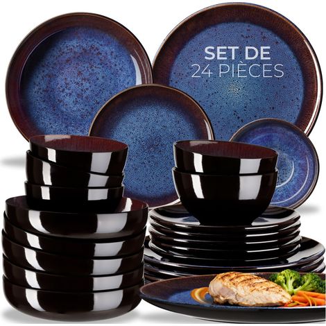 Set de vaisselle 24 pièces en faïence 6 personnes fait main bleu/brun