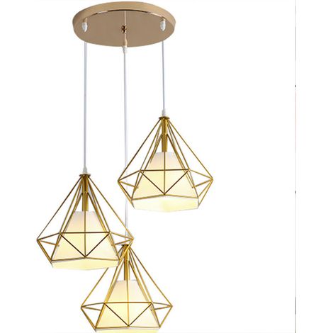 Lustre Suspension Cage en forme Diamant Industrielle,Lampe Plafonnier Corde Ajustable Luminaire pour Salle à Manger,Bar,Chambre Doré (1/4)