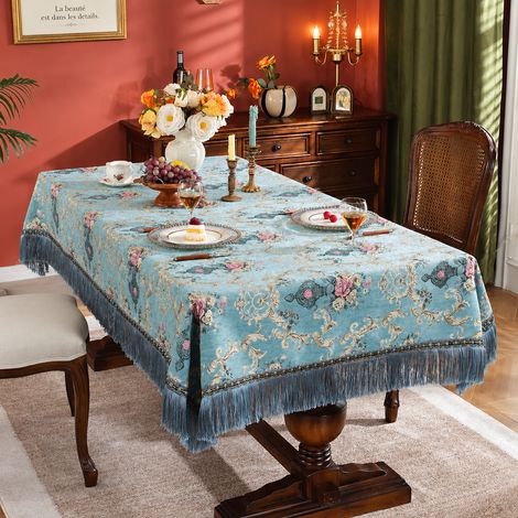 Nappe de Table Fleurs dans le miroir - Bleu élégant 140 x 200 cm antidérapant et épaissi pompons raffinés 50 × 40 × 5 cm 1 kg – Livraison gratuite (1/4)