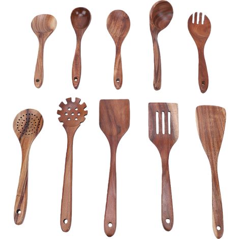 Cuillères en bois pour la cuisson, ensemble d'ustensiles de cuisine en bois de teck avec spatules polyvalentes faciles à nettoyer (1/5)