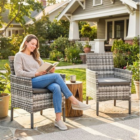 Chaise de jardin en résine tressée grise avec accoudoirs et coussin, lot de 2 (1/4)