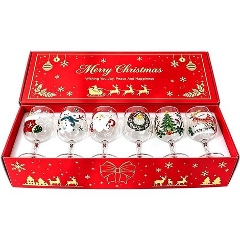Catherine – Coffret de 6 verres à vin 3D de Noël – Verrerie festive en verre transparent – Décoration de table élégante pour fêtes