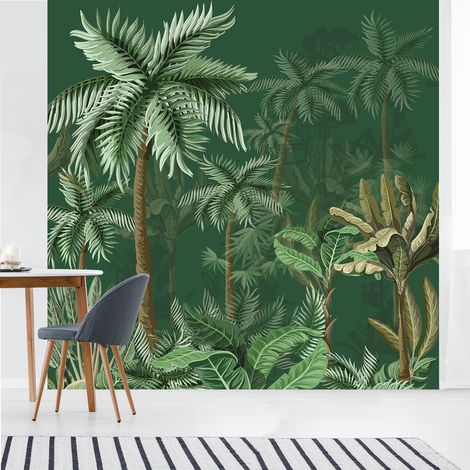 Papier peint intissé tropical, illustration forêt verte foncée, 250 cm X 250 cm (1/2)