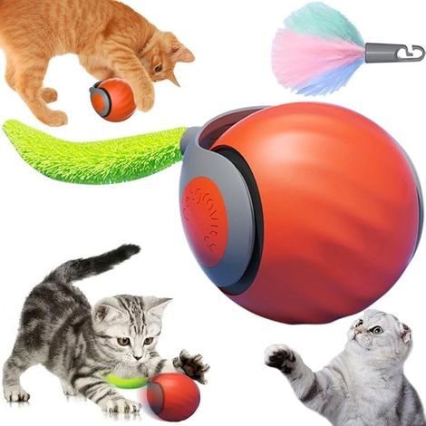 Balle de Jouets interactifs pour Chats d'intérieur, Jouet Interactif pour Chien et Chat, Balle Roulante Automatiqu avec Queue Duveteuse (Orange)