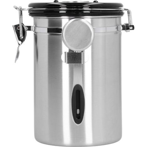 Boîte à café en grains avec soupape de décompression, en acier inoxydable, avec cuillère incluse (argent). (1/5)