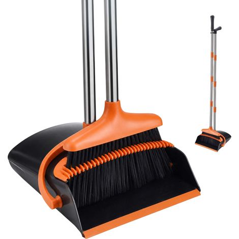 Relaxdays Set scopa e paletta 2in1, 4 pz, AxLxP 116x27x26cm, manico max 124cm, PP e inox 201, nero e arancio (1/5)