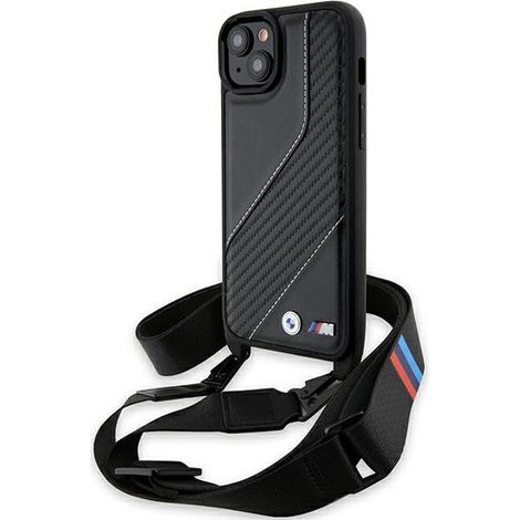 Coque rigide noire BMW BMHCP15M23PSCCK pour iPhone 15 Plus / 14 Plus 6,7" Édition M avec bande carbone et dragonne