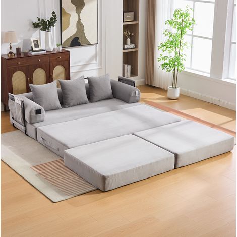 Sofá modular 200x190x67 cm de terciopelo acanalado gris claro con puf, para salón pequeño – MEUBLIV (1/5)