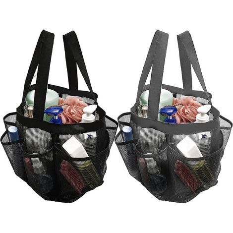 Lot de 2 sacs de douche en maille à séchage rapide, 8 poches, organiseur de bain avec 2 poignées de suspension pour plage, camping, dortoir, salle de bain et voyage – Gris et noir (1/4)