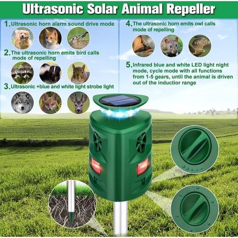 Bardusch - Repellente solare per animali a ultrasuoni a 360° per uso esterno con rilevatore di movimento e luci lampeggianti. Respinge cani, volpi, cervi, procioni e conigli. (1/4)