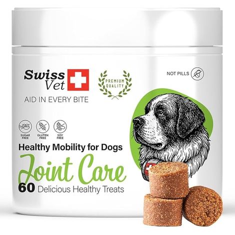 SwissVet Soin des articulations pour Chiens – Naturel en friandise Chien – Soutien des articulations, os et mobilité avec glucosamine, MSM, collagène, chondroïtine et vitamines C & E - 60 Pièces (1/5)